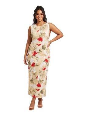 Vintage Floral Script Print Cream Red Sleeveless Maxi Dress Size Large
